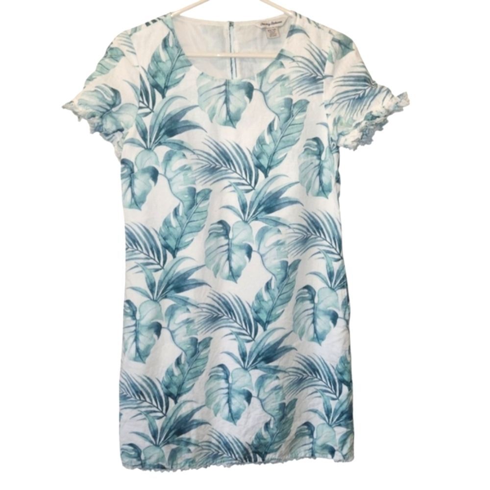 Tommy Bahama 100% Linen Island Breeze Fringe Sleeves Tropical Leaf Print SZ XS